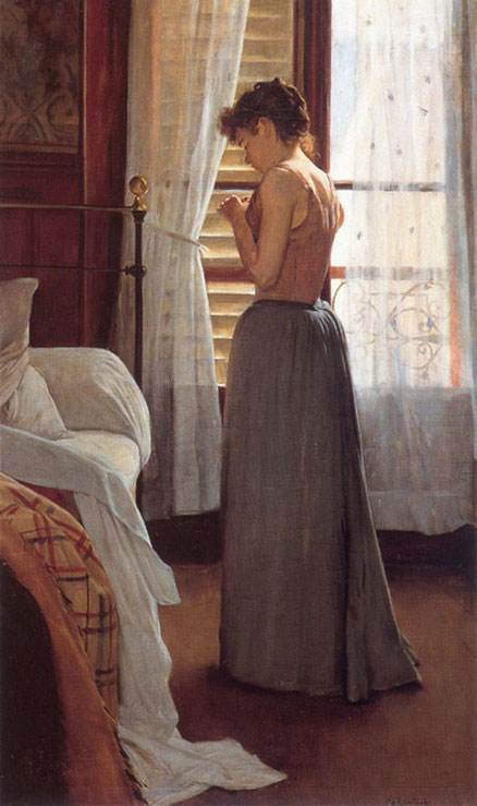 Santiago Rusiñol.Interior con figura femenina,1890. Durante su estancia en Moulin de la Galette al estilo de Ramón Casas plasma la intimidad femenina,suavidad de tonos y luz infiltrada por las persianas.La modelo, Matilde Escalas era una joven mallorquina