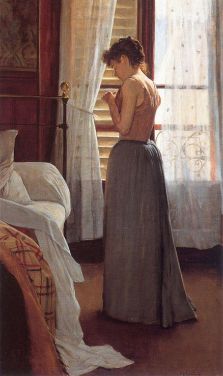 Santiago Rusiñol.Interior con figura femenina,1890. Durante su estancia en Moulin de la Galette al estilo de Ramón Casas plasma la intimidad femenina,suavidad de tonos y luz infiltrada por las persianas.La modelo, Matilde Escalas era una joven mallorquina