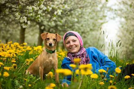 Frau mit Hund liegen in der Wiese und geniessen den Duft der Natur