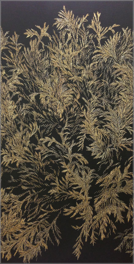 "AMBER GLOW", metal Staples (galvanized with 24 ct gold) on wood with canvas, 43x86cm. SOLD