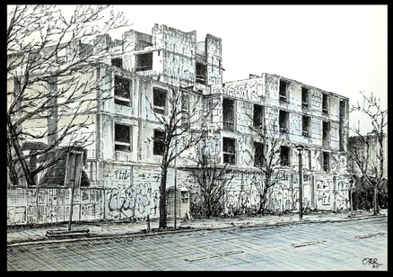 Investruine in der Köpenicker Straße. Berlin-Mitte an der Grenze zu Kreuzberg. Tuschestift auf 200g Papier. Mit Passepartout ohne Rahmen. 21x29,7 cm. Entstanden im April 2025. 140 €