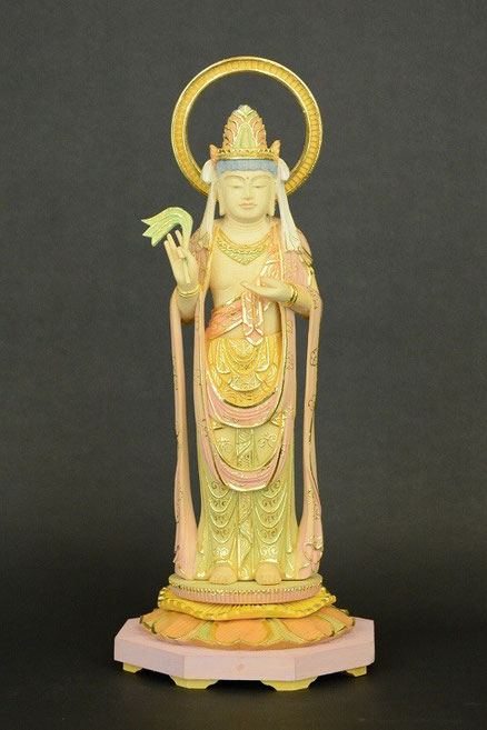 楊柳観音　桧淡彩切金　荷葉座輪光背　割寸５寸1