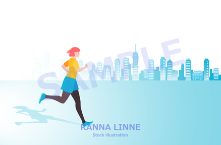 イラスト素材・走る女性　都市背景