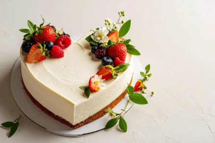 ハート形のフルーツケーキ。クリームといちご、ブルーベリー、ラズベリーがあしらわれている。