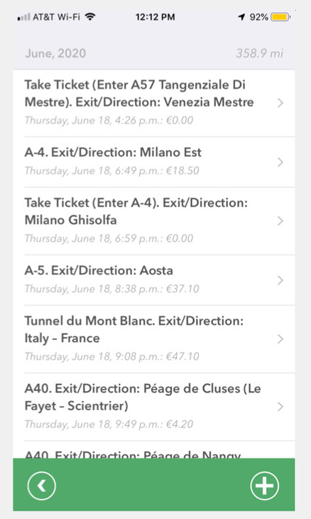 List view displays a detailed list of each toll you'll encounter on your route along with the toll cost.