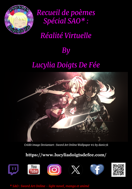 Couverture du recueil Réalité Virtuelle, réalisée par Lucylia Doigts De Fée avec Google Slide, image deviantart by dani17k, manga et animé Sword Art Online