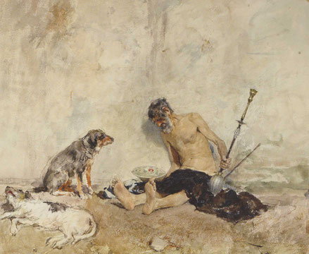 Amigos fieles 1869.Acuarela sobre papel,14x19cm.Baltimore Art Museum.El estudio de los canes fue campo de interés para el maestro y de la figura humana su textura de la piel,confirma su innegable sensibilidad para la acuarela.