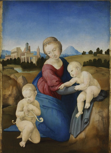 Rafael.Virgen con Niño y Sanjuanito.1508.Obra maestra de pequeño formato(28cmx21cm) realizada en periodo florentino.Síntesis perfecta entre lo sencillo y lo dinámico de la composición.Figuras modeladas con  plasticidad,maternal ternura que evoca  belleza.