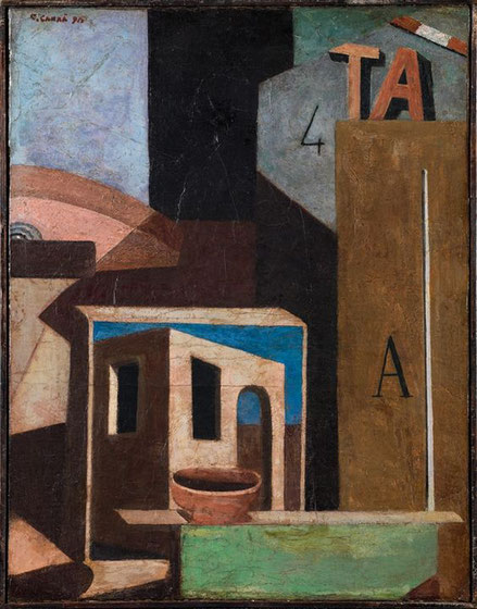 Carl Carrá.Composizione TA.Bodegón metafísico 1916/18.Museo de Arte Contemporáneo di Trento e Rovereto. Como una fría racinalidad literaria es  es una obra para captar la visión metafísica de Carrá, enigmática...