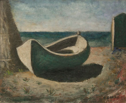 Carlo Carrá.La barca.Óleo sobre cartón.33x41cm.Collezione Augusto e Francesca Giovanardi.Vuelta alrealismo recuperando el pasdo pero con nuevo discurso de la modernidad.El tiempo se detiene con esta solitaria barca.