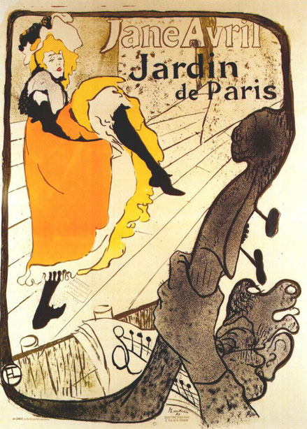 Toulouse Lautrec.Jane Avril au jardin de Paris 1893.Litografía en color.130x94cm.Victoria and Albert Museum.Londres..El circo, el mundo lúdico y los cabarets centraron la atención de Lautrec como ilustrador.