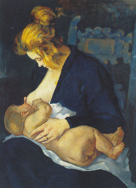 Anselmo Bucci..Maternitá.1921.Colección particular. Madre dando el pecho tirnamente a su hijo,una pintura ejecutada con escasa vivacidad cromática.La piel rosada del niño y el rostro de la mujer iluminado con luz matinal.