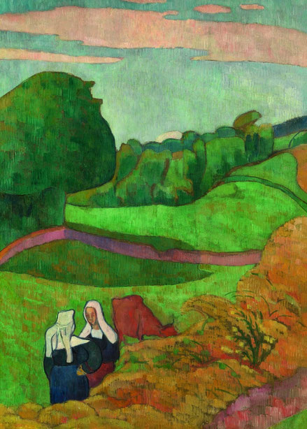 Émile Bernard. Paisaje con dos jóvenes bretonas y vaca 1892..Óleo sobre cartón montado sobre tabla 143x81cm.Triton Collection Foundation.