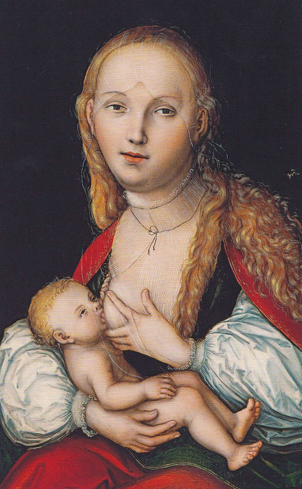 Lucas Cranach el viejo81472-1553)Virgen de la leche.1540.Óleo sobre tabla. Considerada como una obra de madurez del artista en la que destaca su virtuosismo como dibujante,destaca la brillantez del colorido.