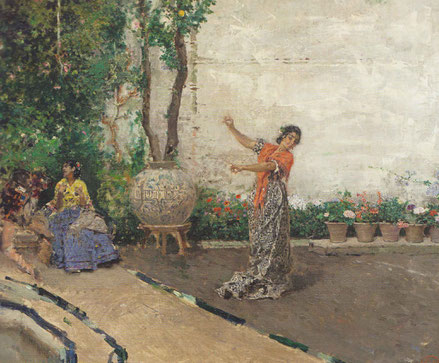 Gitana bailando en un jardín,Granada 1871.Óleo sobre lienzo. Colección Arango. En su búsqueda de trabajar al aire libre y captar la luminosidad representó a todo tipo de gitanos,mujer con castañuelas..