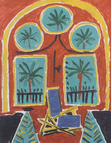 Picasso.La Californie.Interior con hamaca azul.Cannes 1958.Óleo sobre lienzo 41x33cm.Colección particular. Donde se darán cita buena parte de los temas que le han ocupado hasta entonces:el taller, el pintor, la modelo, la figura femenina.