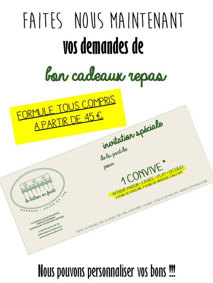 Bons cadeaux repas à offrir à vos proches; 2 formules au choix