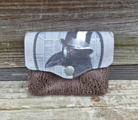 petit porte-monnaie accordéon pour homme, tissu imprimé corbeau steampunk, faux cuir taupe, idée cadeau homme original pratique