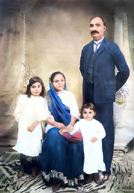 1912 : Jehangir & Daulat with their daughters Piroja - 9 y.o.( left ) & Mehera - 5 y.o.( right ). Image rendition by Anthony Zois.