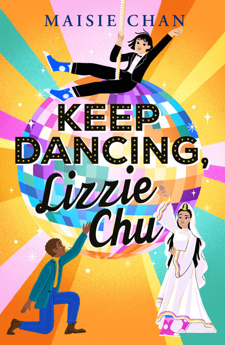 A Chinese girl sits on top of a huge glitter ball. Another girl is dressed as Guan Yin and a Black boy kneels down in a ta-da motion. 