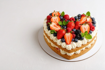 いちごとベリー、生クリームがふんだんにあしらわれたハート形のケーキ。