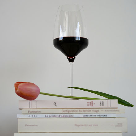 Verre de vin rouge a la tulipe sur livres
