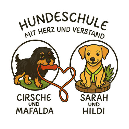 zwei comic logos von zwei Hunden die in der mitte mit einem Herz verbunden sind