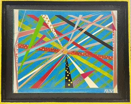 Abstraktes Gemälde „Fluxion“ mit dynamischen Linien und Reflexionen, inspiriert von fließenden Gedanken, Träumen und Meereshimmel. Farben und Strahlen überlagern sich wie synaptische Impulse im ständigen Wandel des Bewusstseins.