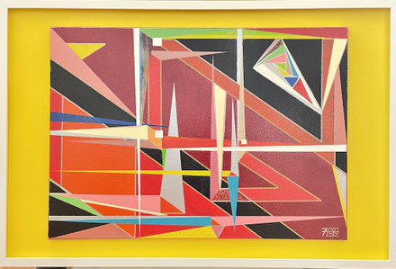 Abstraktes Gemälde „Sinngefüge“ von Andreas Alka (alias FLoyd): Geometrische Formen, Farbfelder und Linien bilden ein komplexes Gefüge ohne feste Richtung – künstlerische Darstellung von Struktur, Ordnung und Bedeutung in visueller Balance.