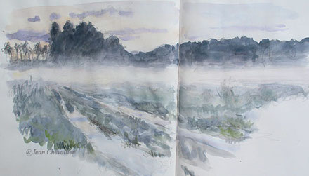 Chemin inondé et brume du soir, aquarelle Jean Chevallier