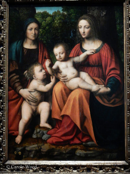 Bernardino Luini.La Virgen con el Niño, santa Isabel y sanjanito.1520-25.Pintor prolífico que hunde sus raíces en las premisas del Quatrocento e influido por Leonardo da Vinci aunque sin el trasfondo filosófico.Mismo esquema compositivo. 