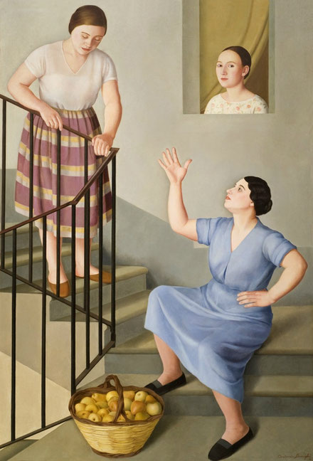 A.Donghi.Mujreres en la escalera1929.Banca Monte dei Pashci di Siena..Pintura enigmática pues la escena cotidiana aparece envuelta con  solemnida propia de un altar  antiguo.Estilo terso,contornos precisos un cierto brillo con atmósfera enrarecida.