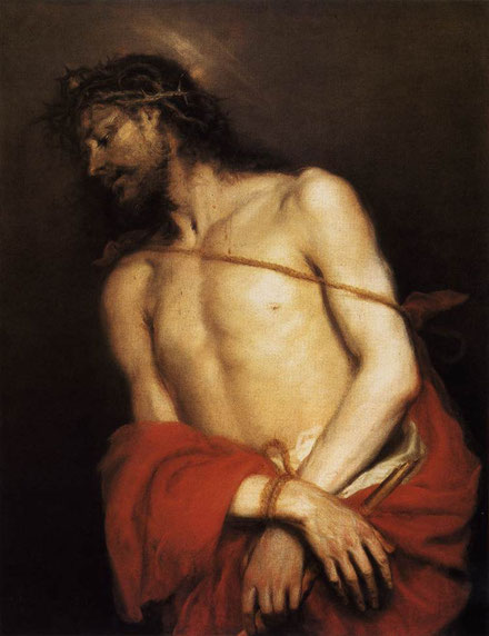 Mateo Cerezo.Ecce Homo 1661.Alumno de Carreño de Miranda, influenciado por Tiziano, Van Dyck,Rubens.Cristo porta la corona de espinas,el manto color púrpura,las manos atadas con la izquierda sostiene una caña rota en alusión a su reino.