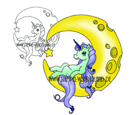 Einhorn im Mond Digitaler Stempel Digi Stamp Printable von www.stempel-wunderland.de