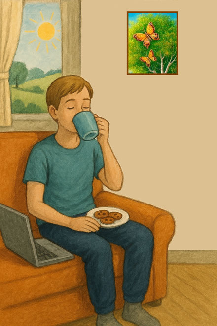 Gemütlich auf dem Sofa mit Laptop, Tee und Plätzchen. Erstellt mit ChatGPT.