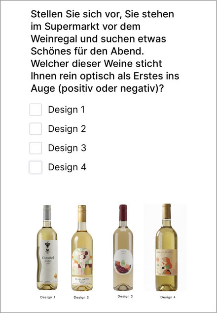 Auszug aus einer Umfrage mit vier Weinflaschen und 4 Antwortmöglichkeiten zu den Designs.