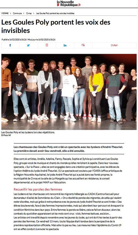 Article de la Nouvelle République 86 sur le concert du groupe vocal Les Goules Poly, le 13 mars 2020
