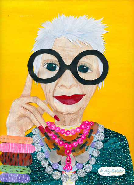 Portrait of Iris Apfle. Collage art with yellow background. licensing art by the jolly illustrator