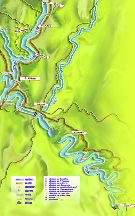 Carte des parcours en canoë sur l'Ardèche