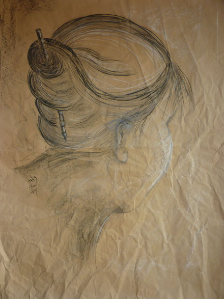 2014 "Autoportrait" 75 x 100 cm Dessin éphémère sur papier kraft
