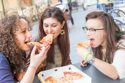 Girls Eating Pizza in the Rome, Street, food, Italy 