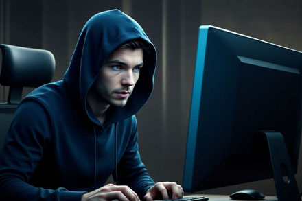 Das Bild ist KI generiert und zeigt einen jungen Mann am Schreibtisch vor dem Computer. Er befindet sich im Escape Room in Luzern/Sursee und muss die Rätsel der KI Freak Zero lösen, bevor die Zeit abläuft.