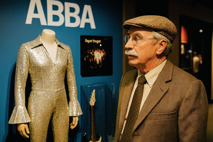 Das Bild ist KI generiert und zeigt Jonas Keller, ein älterer Mann im Museum. Er betrachtet Requisiten der Musikband ABBA und hat die Aufgabe, das Rätsel, um einen mysteriösen Fall in der Blue Note Bar zu lösen. Wird er es schaffen bevor die Zeit abläuft?