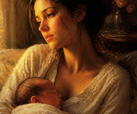 Eine junge Mutter mit Wochenbettdepression, die mit ihrem neugeborenen Baby im Arm nachdenklich und traurig ins Leere starrt - mein schützling