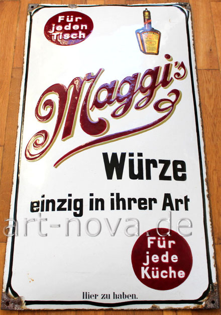 Ein altes originales Emailschild von Maggi um 1900 in satten Farben und im Hochglanz