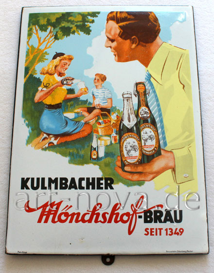 Traumhaftes Emailschild Mönchshof-Bräu Kulmbach um 1950!