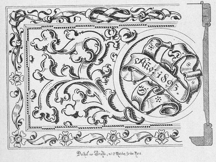 Historische Vorlage für Brandmalerei auf Möbeln aus dem Jahr 1893. Die detailreiche Schwarz-Weiß-Grafik zeigt kunstvolle, traditionelle Ornamente und florale Muster im Stil der frühen Pyrografie-Kunst des 19. Jahrhunderts.