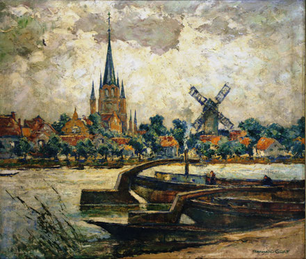 Werder - Schuten auf der Föhse vor dem Panorama der Inselstadt mit Hl.-Geist-Kirche und Bockwindmühle um 1932 (I), Öl auf Leinwand, 60 x 70, r. u. sign., WV Nr. 0031, Privatbesitz Premnitz, Foto Meinert