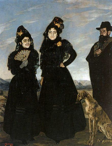 Zuloaga. Mi tio y mis primas.1898. Musée d´Orsay.209x167cm.Su tío Daniel junto a sus primas mayores Esperanza y Teodora vestidas para misa de doce de seda negra y mantilla,enfoca los ojos negros y gran sonrisa. Una de sus obras más originales.