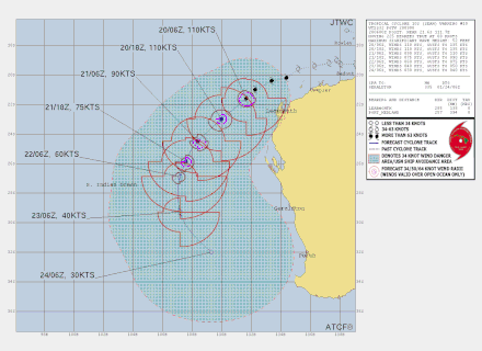 Track map of tropical cyclone Sean in the Pilbara region Tuesday January 2025. From JTWC.